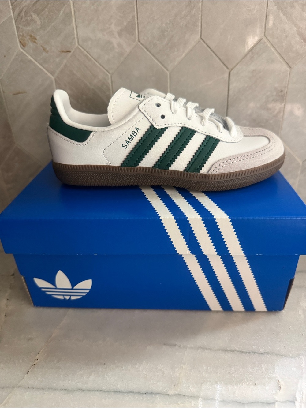 adidas Samba Leather Sneaker in White and Dark Green with Gum Sole